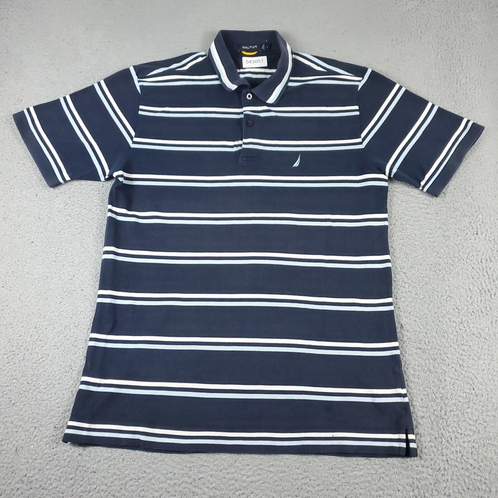 Nautica Polo Shirt Mens Large Blue Striped Casual Short Sleeve Adult *STAINED*
